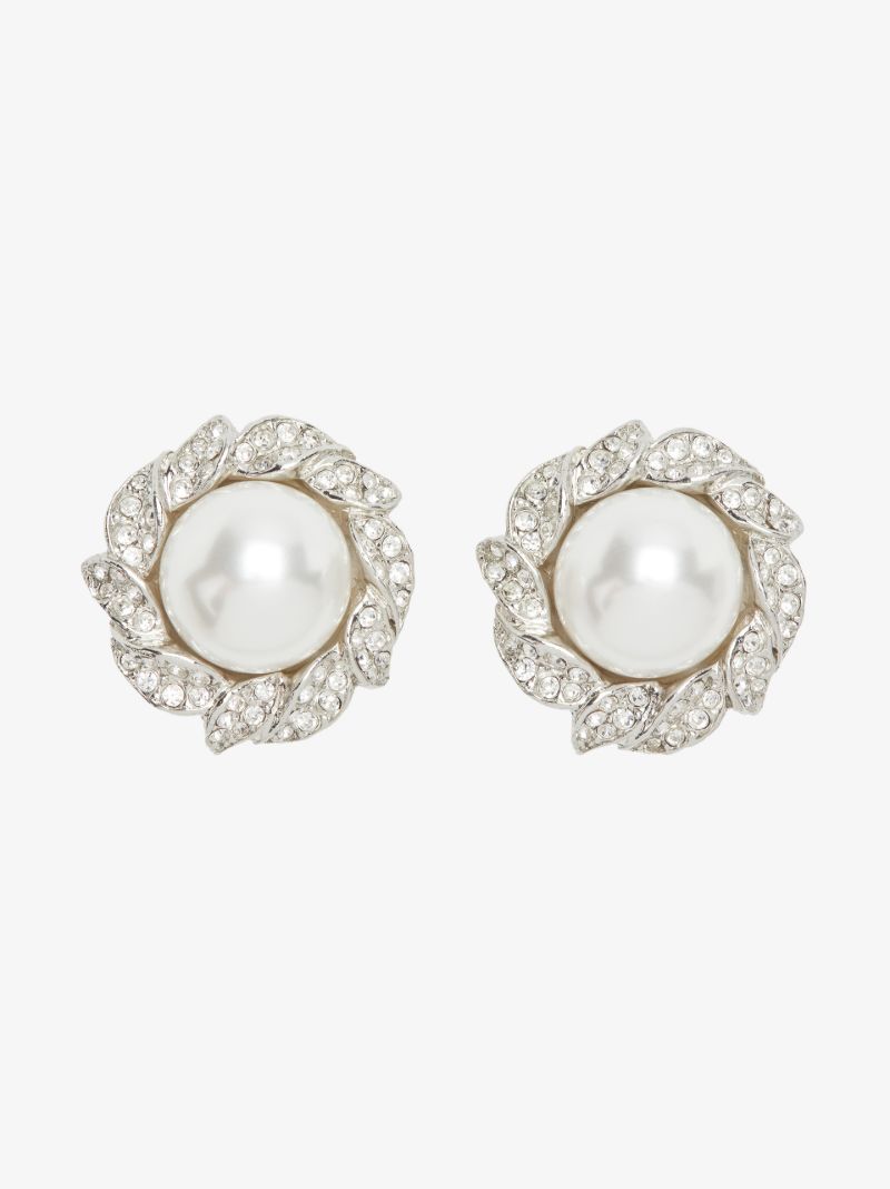 Silver Tone Crystal Pearl Earrings