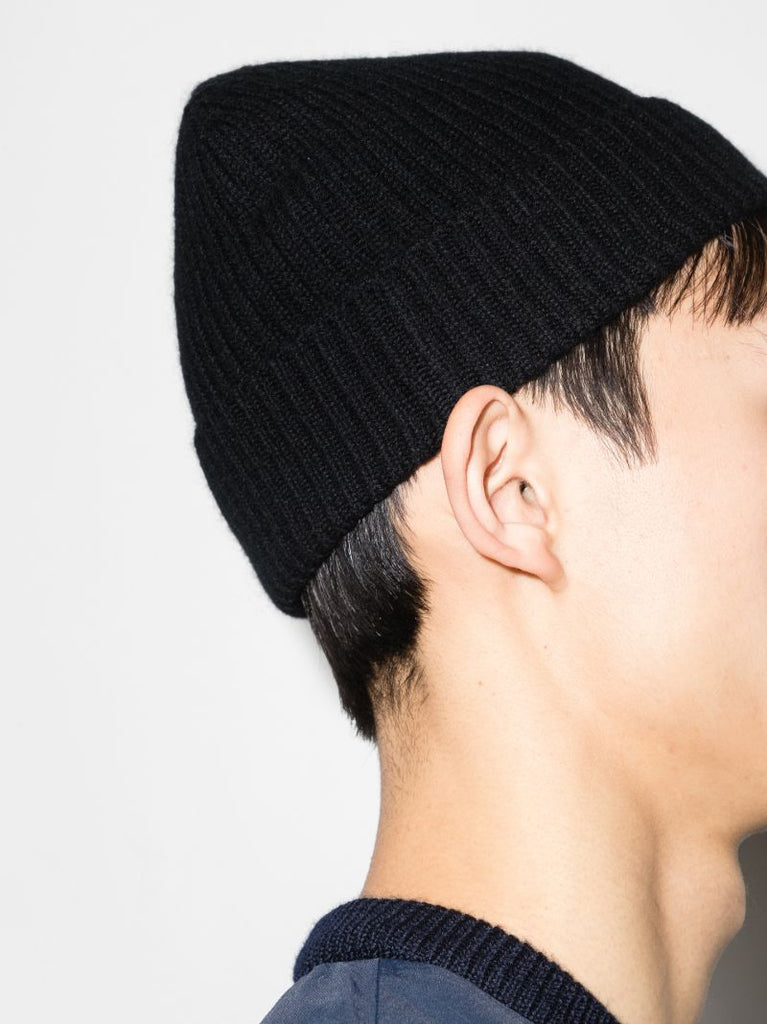 Black Ribbed Cashmere Beanie Hat