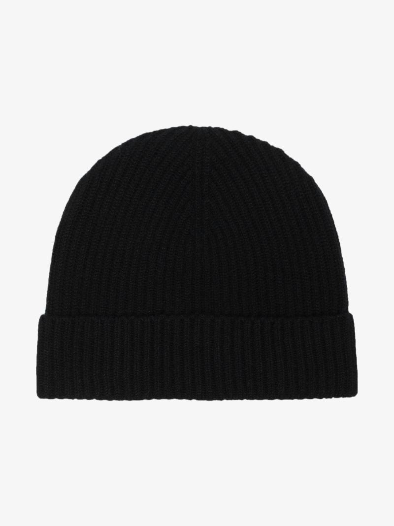 Black Ribbed Cashmere Beanie Hat