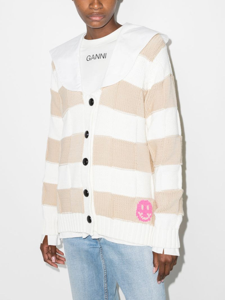 Oversized Collar Striped Wool Cardigan