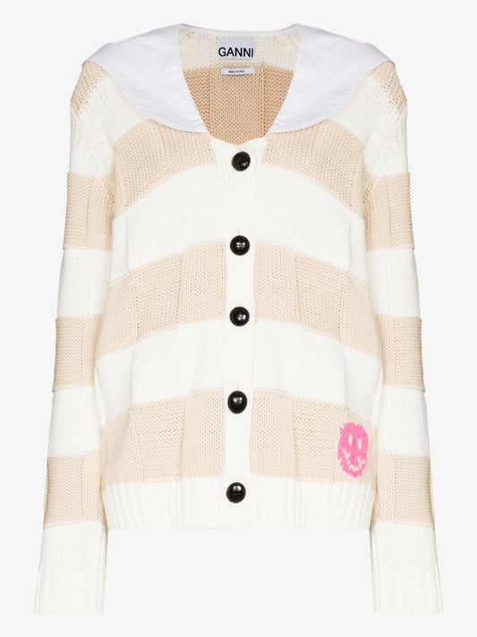 Oversized Collar Striped Wool Cardigan