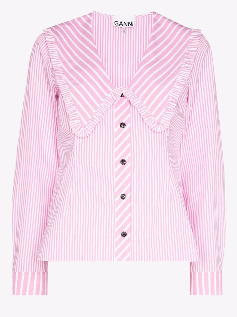 Wide Collar Striped Frill Cotton Shirt