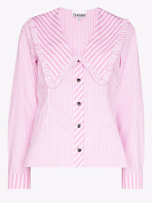 Wide Collar Striped Frill Cotton Shirt