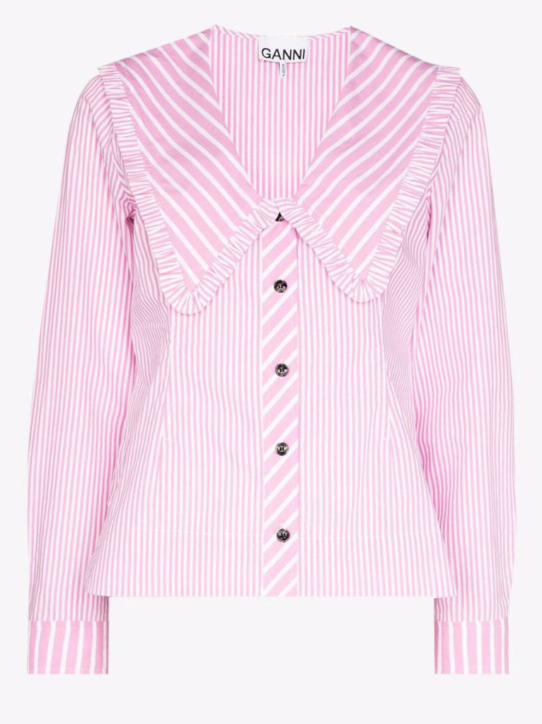 Wide Collar Striped Frill Cotton Shirt