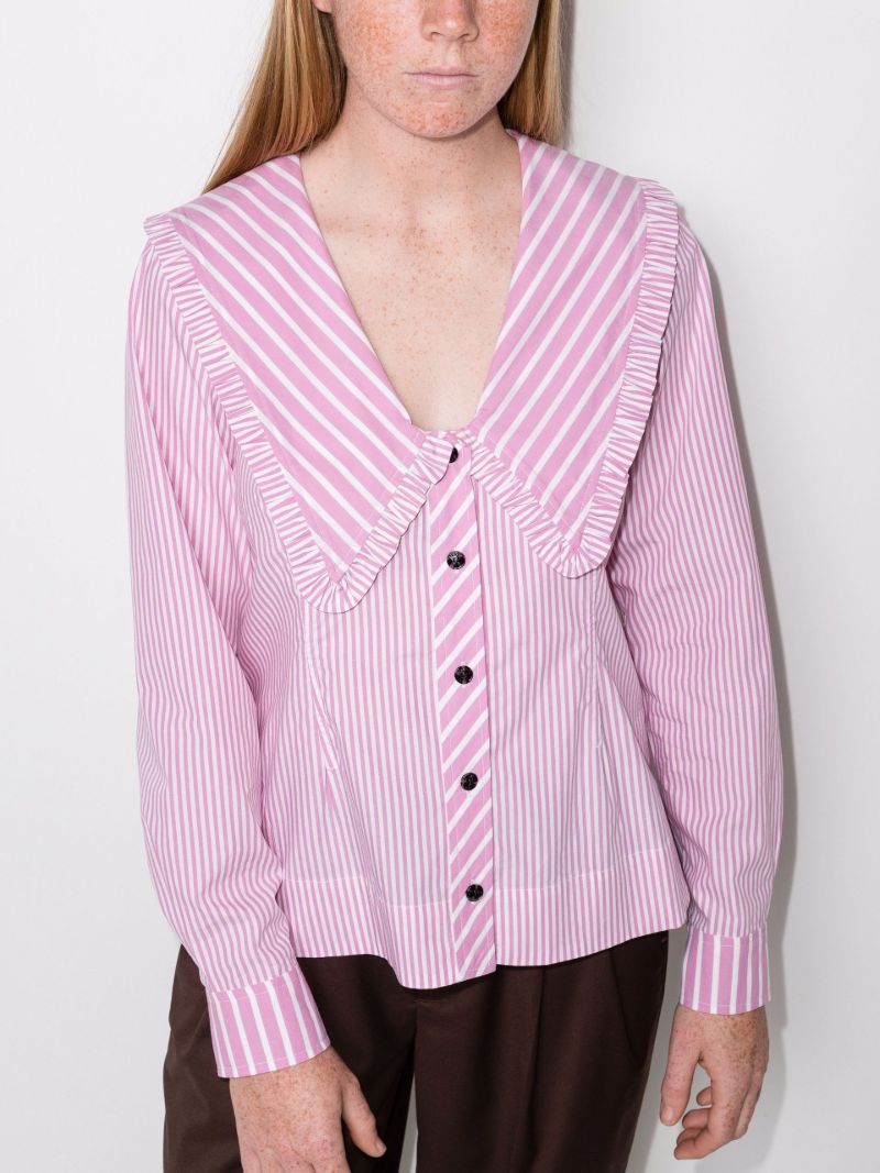 Wide Collar Striped Frill Cotton Shirt