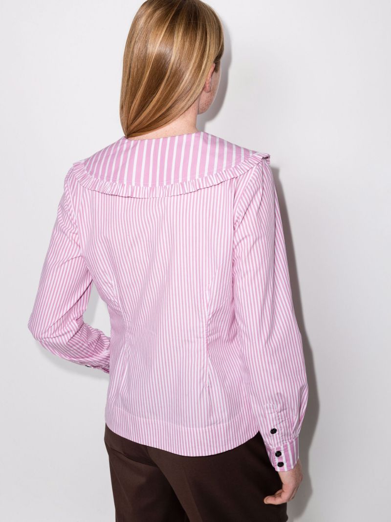 Wide Collar Striped Frill Cotton Shirt