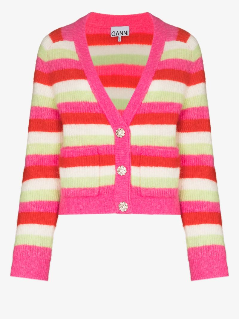Crystal Button Striped Cardigan