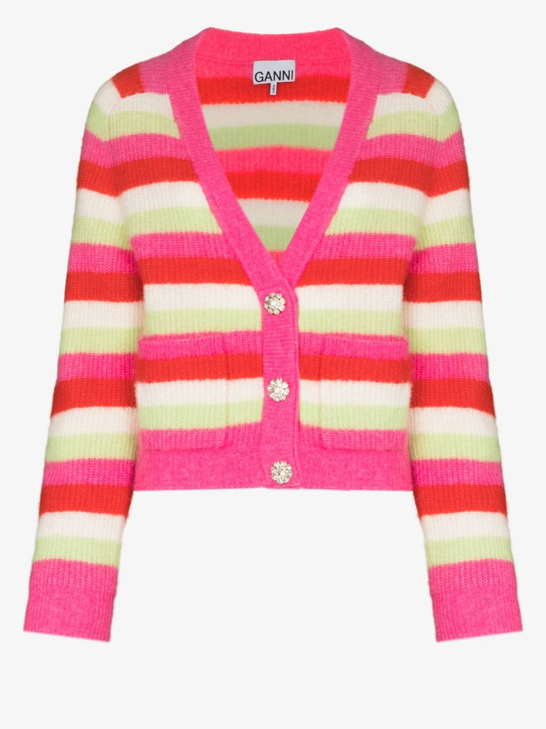 Crystal Button Striped Cardigan