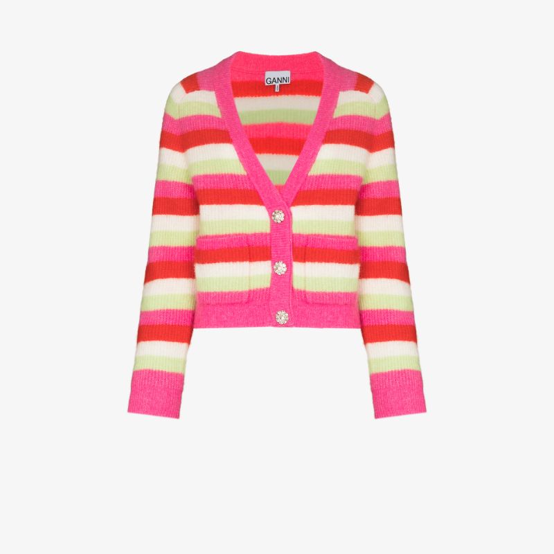 Crystal Button Striped Cardigan