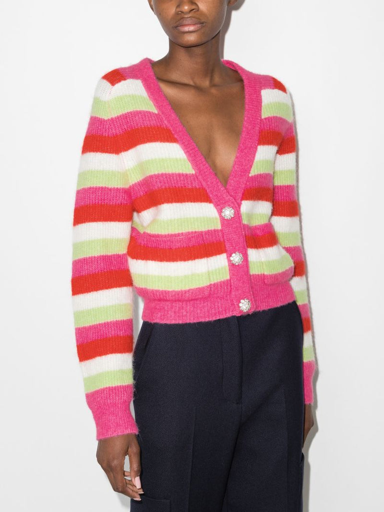 Crystal Button Striped Cardigan