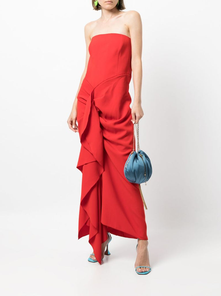 Red Thalia Drape Detail Strapless Dress