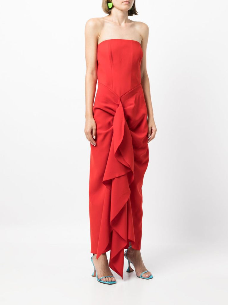 Red Thalia Drape Detail Strapless Dress