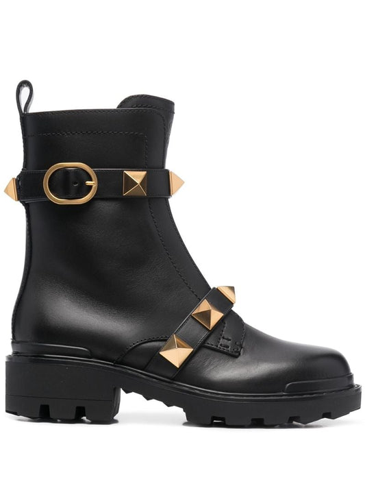 Black Roman Stud Combat Leather Boots