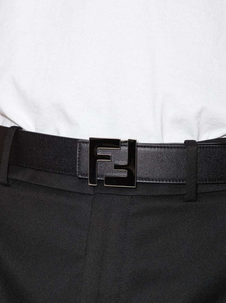 Black and Grey Ff Motif Leather Belt