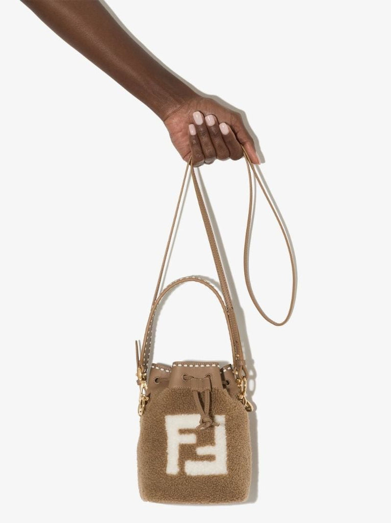 Beige Mon Tresor Mini Shearling Bucket Bag