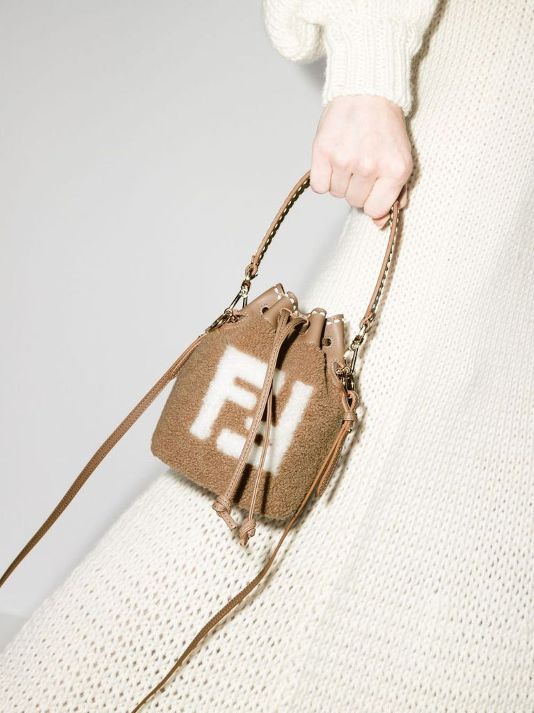 Beige Mon Tresor Mini Shearling Bucket Bag