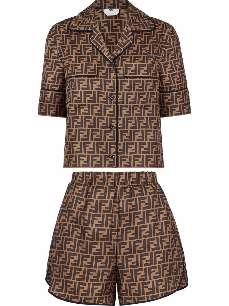 Brown Logo Print Silk Pyjamas