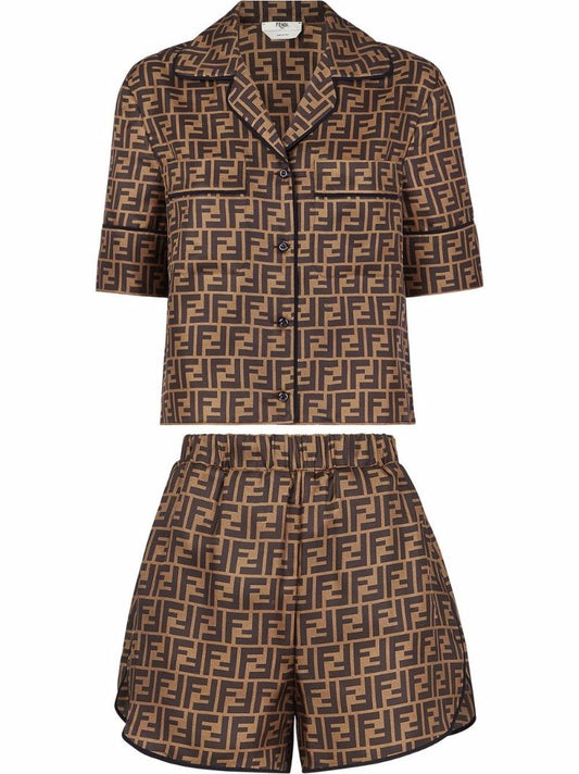 Brown Logo Print Silk Pyjamas