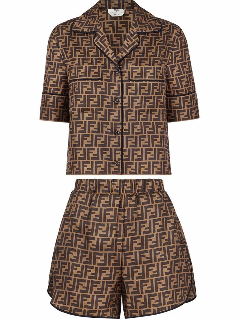 Brown Logo Print Silk Pyjamas