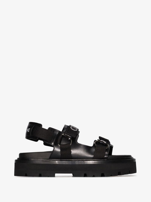 Black Logo Double Strap Leather Sandals