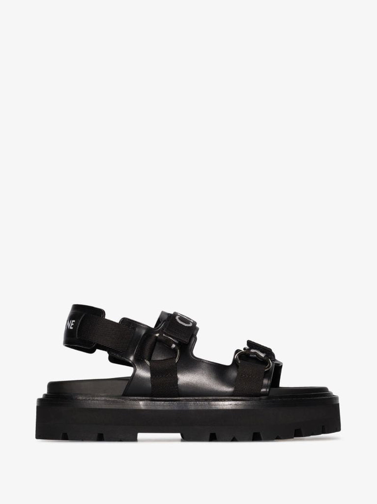 Black Logo Double Strap Leather Sandals