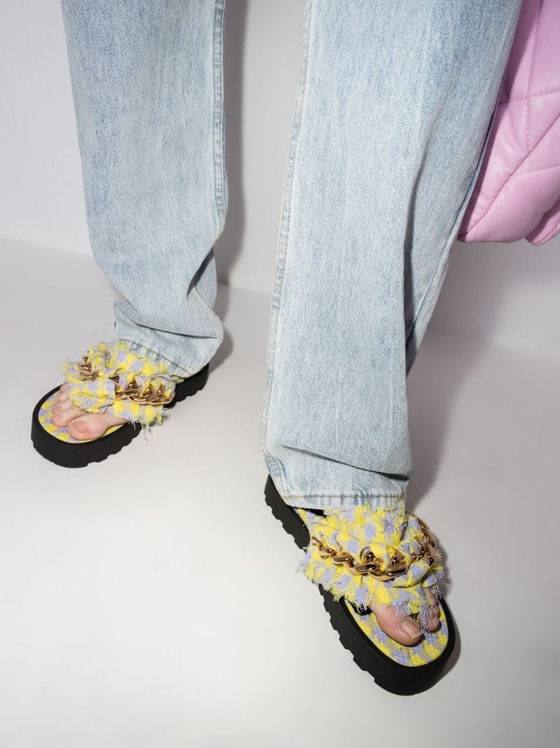 Yellow Chain Tweed Sandals