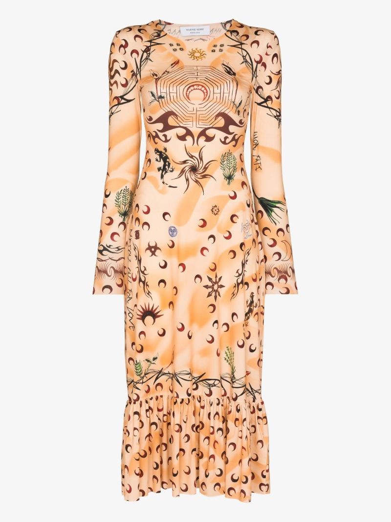 Tattoo Frilled Hem Midi Dress