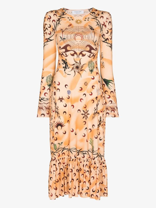 Tattoo Frilled Hem Midi Dress
