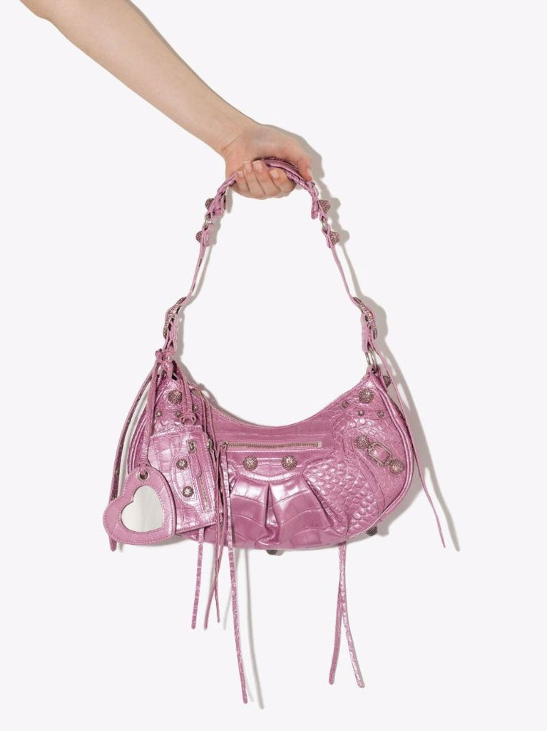 Pink Le Cagole Small Mock Crock Leather Shoulder Bag