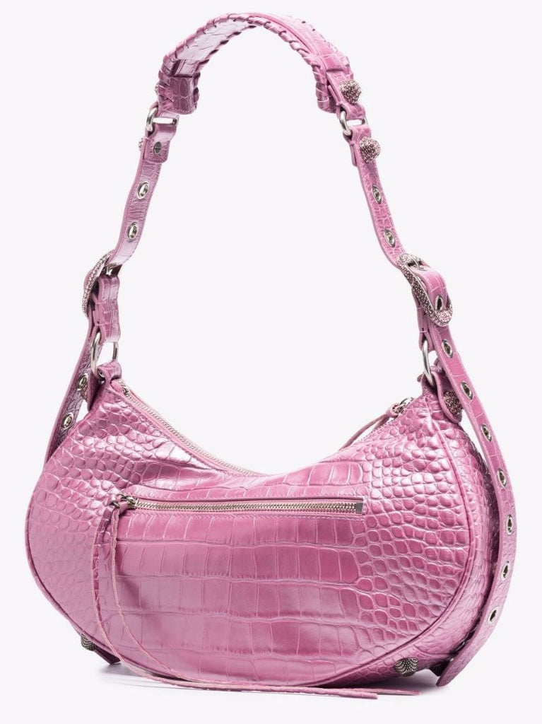 Pink Le Cagole Small Mock Crock Leather Shoulder Bag