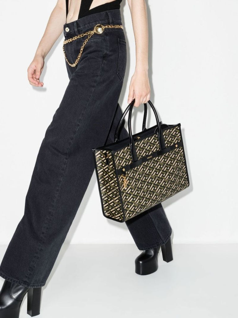 Brown La Greca Leather Tote Bag