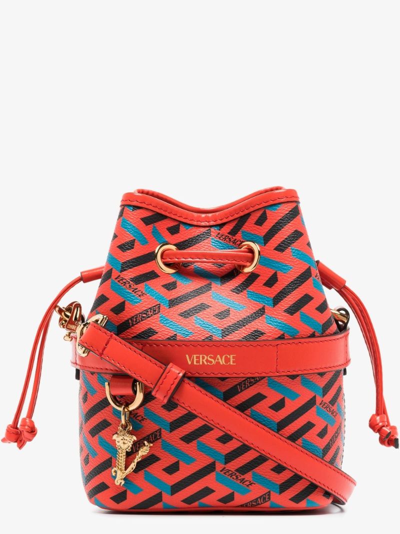 Red La Greca Signature Mini Leather Bucket Bag