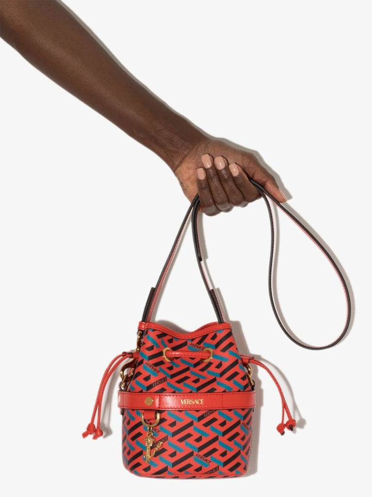 Red La Greca Signature Mini Leather Bucket Bag