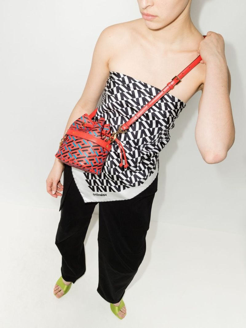 Red La Greca Signature Mini Leather Bucket Bag