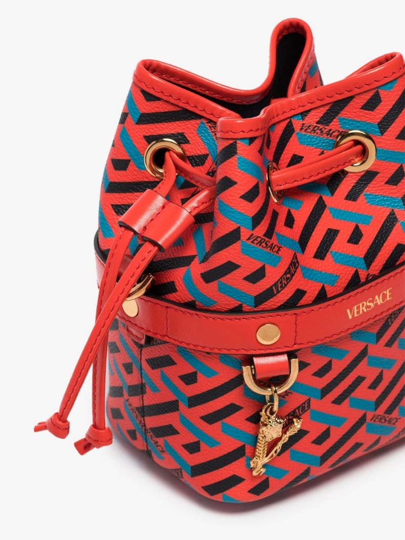 Red La Greca Signature Mini Leather Bucket Bag