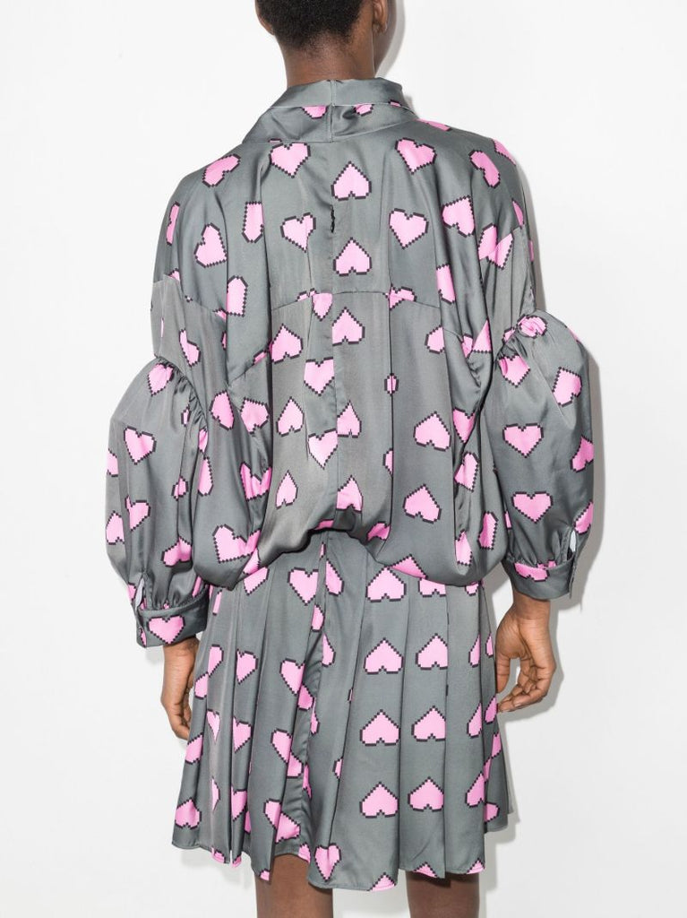 Pixel Hearts Print Bow Detailed Mini Dress