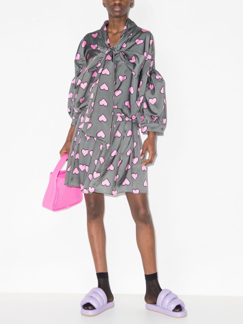Pixel Hearts Print Bow Detailed Mini Dress