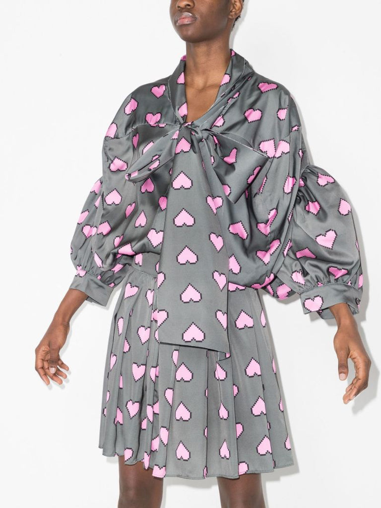 Pixel Hearts Print Bow Detailed Mini Dress