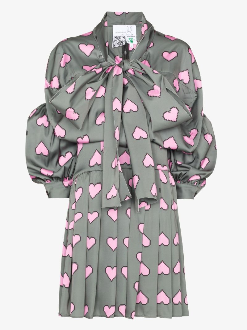 Pixel Hearts Print Bow Detailed Mini Dress
