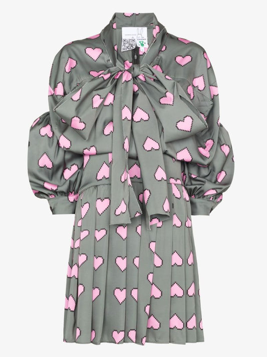 Pixel Hearts Print Bow Detailed Mini Dress