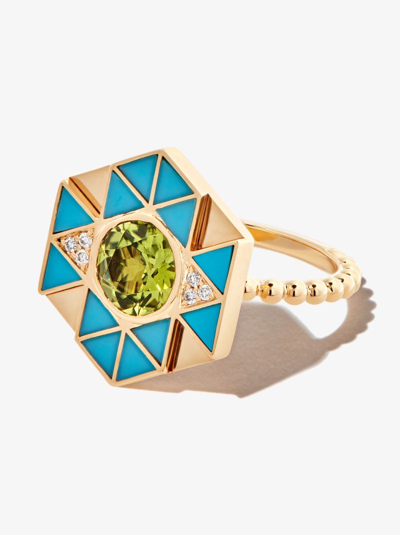 18k Yellow Gold Evil Eye Turquoise and Peridot Ring