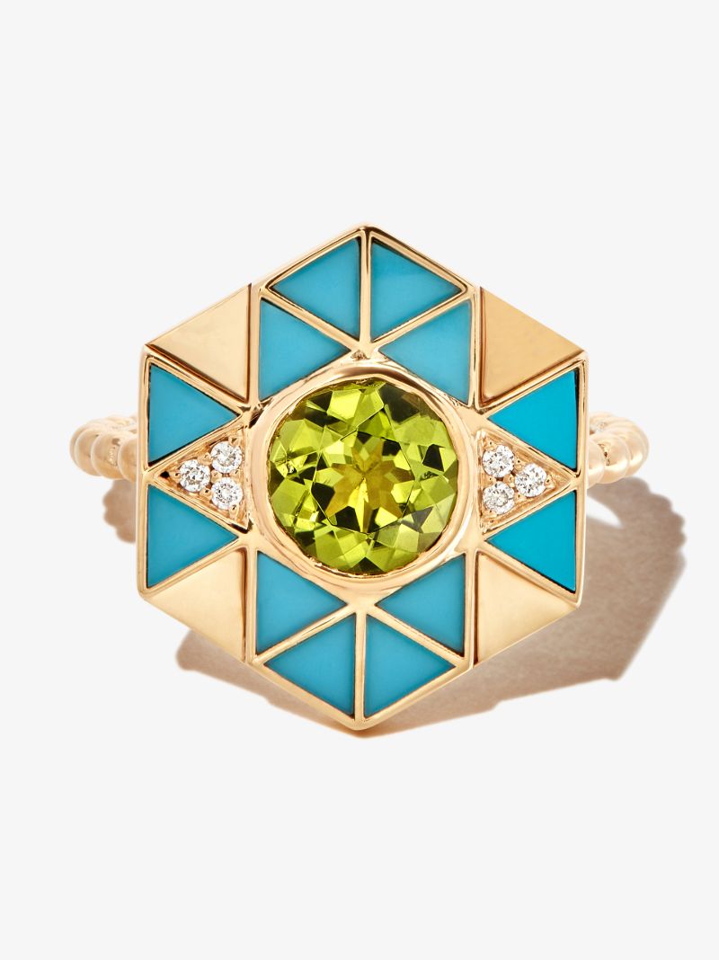 18k Yellow Gold Evil Eye Turquoise and Peridot Ring