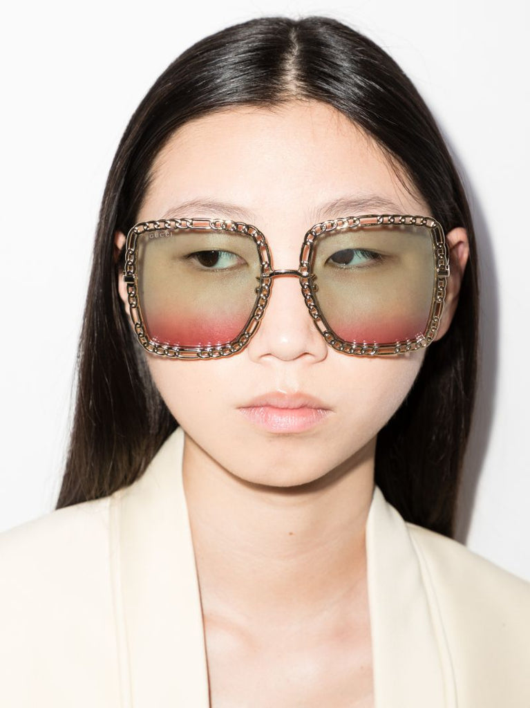Gold Tone Oversized Square Chain Sunglasses