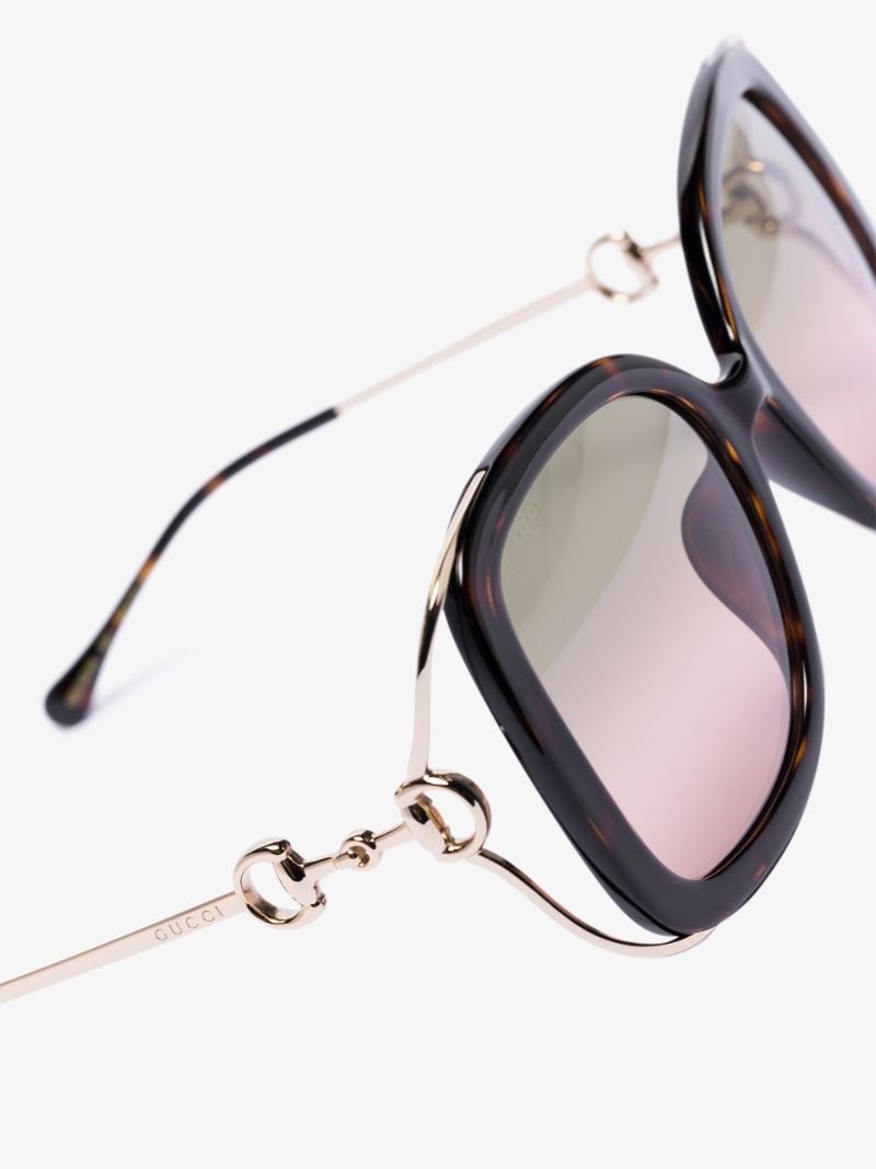 Gold Tone Horsebit Tortoiseshell Square Sunglasses