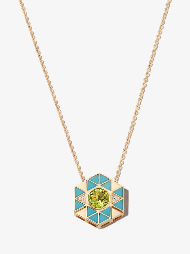 18k Yellow Gold Evil Eye Turquoise and Peridot Pendant Necklace
