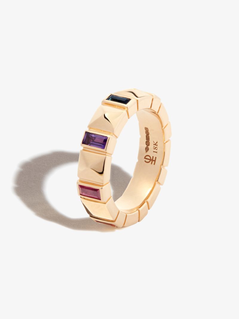 18k Yellow Gold Pyramid Rainbow Sapphire Ring