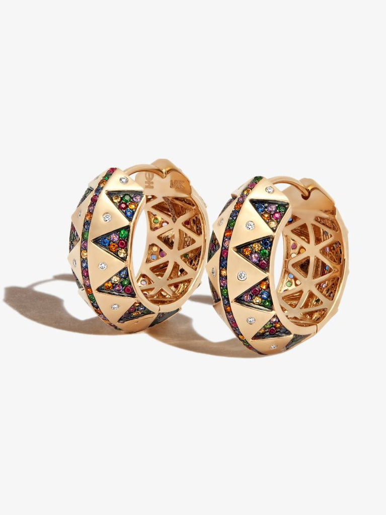 18k Yellow Gold Chubby Talisman Diamond and Sapphire Hoop Earrings