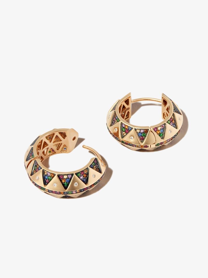 18k Yellow Gold Chubby Talisman Diamond and Sapphire Hoop Earrings