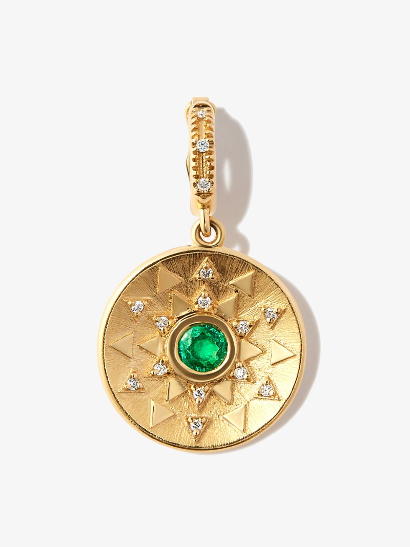 18k Yellow Gold Sun Sign Mini Diamond Emerald Pendant