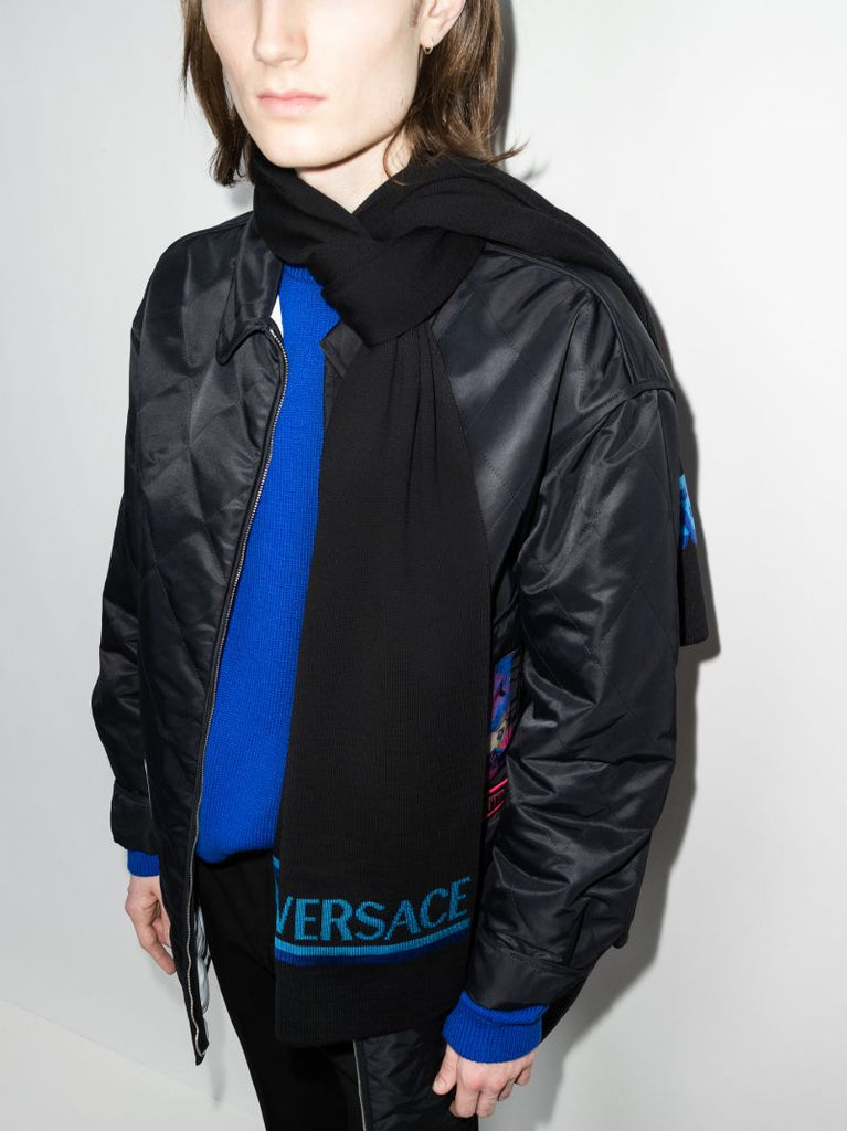 Black La Greca Logo Wool Scarf